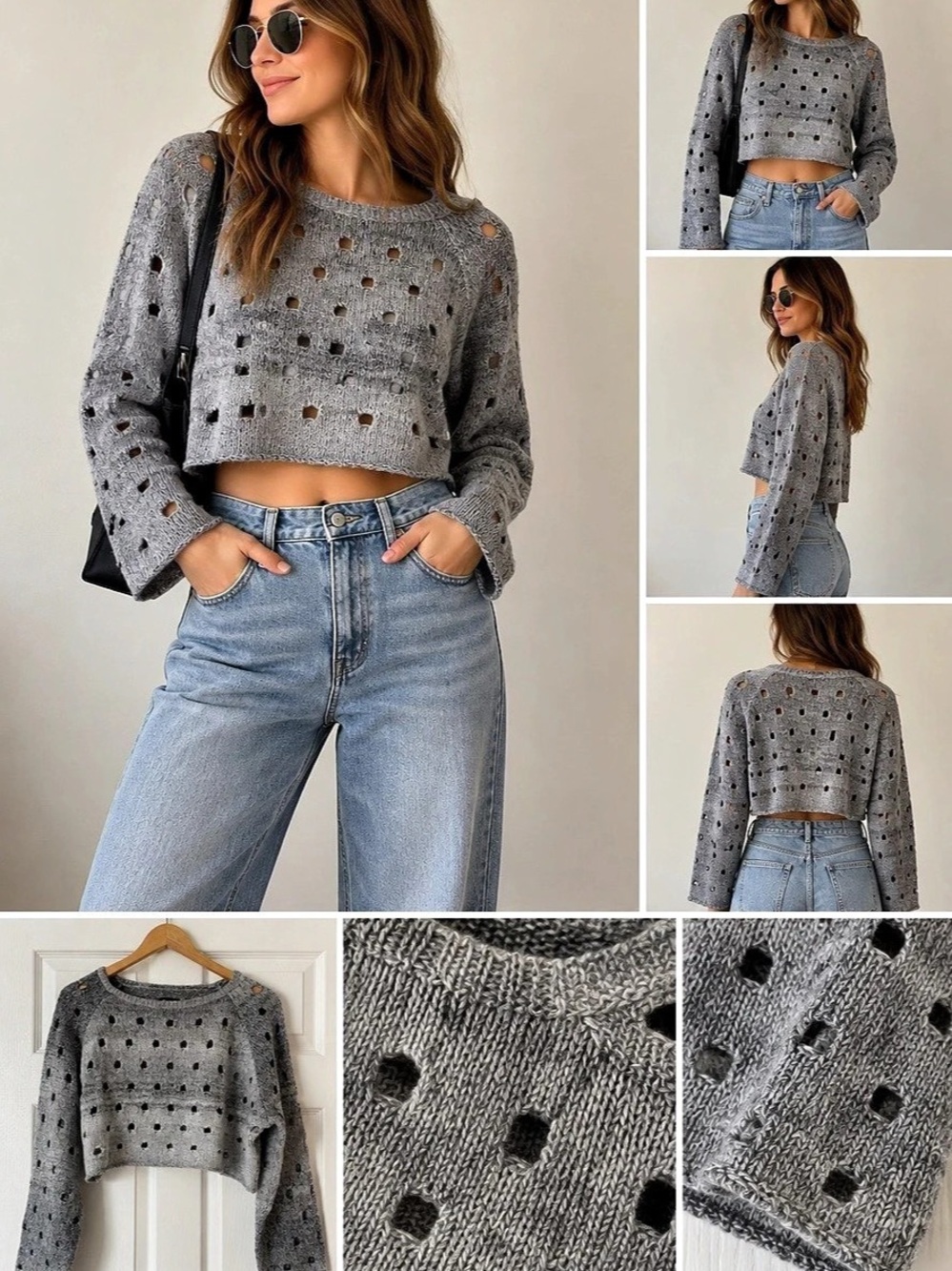 Nasty Gal Gray Black Open-Knit Sweater Size Medium